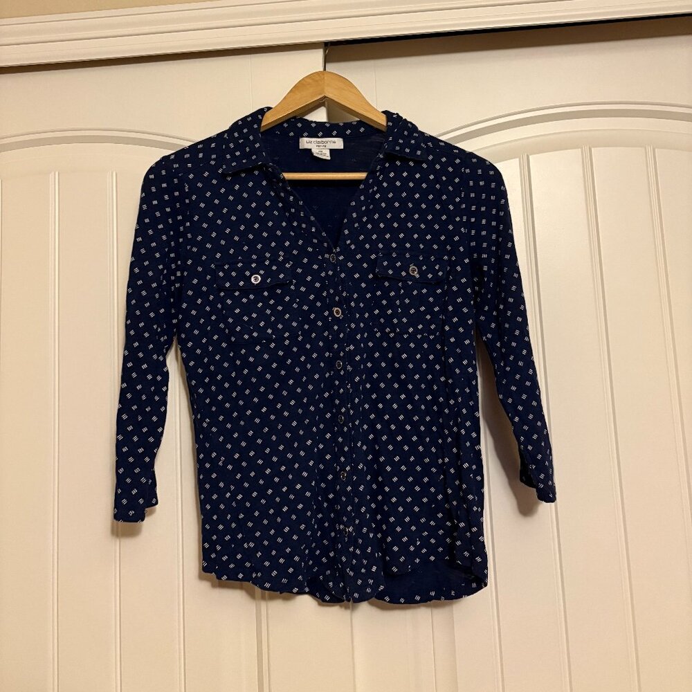 Liz Claiborne Polka Dot Blouse PM Medium Petite Navy Blue Button Front Nautical